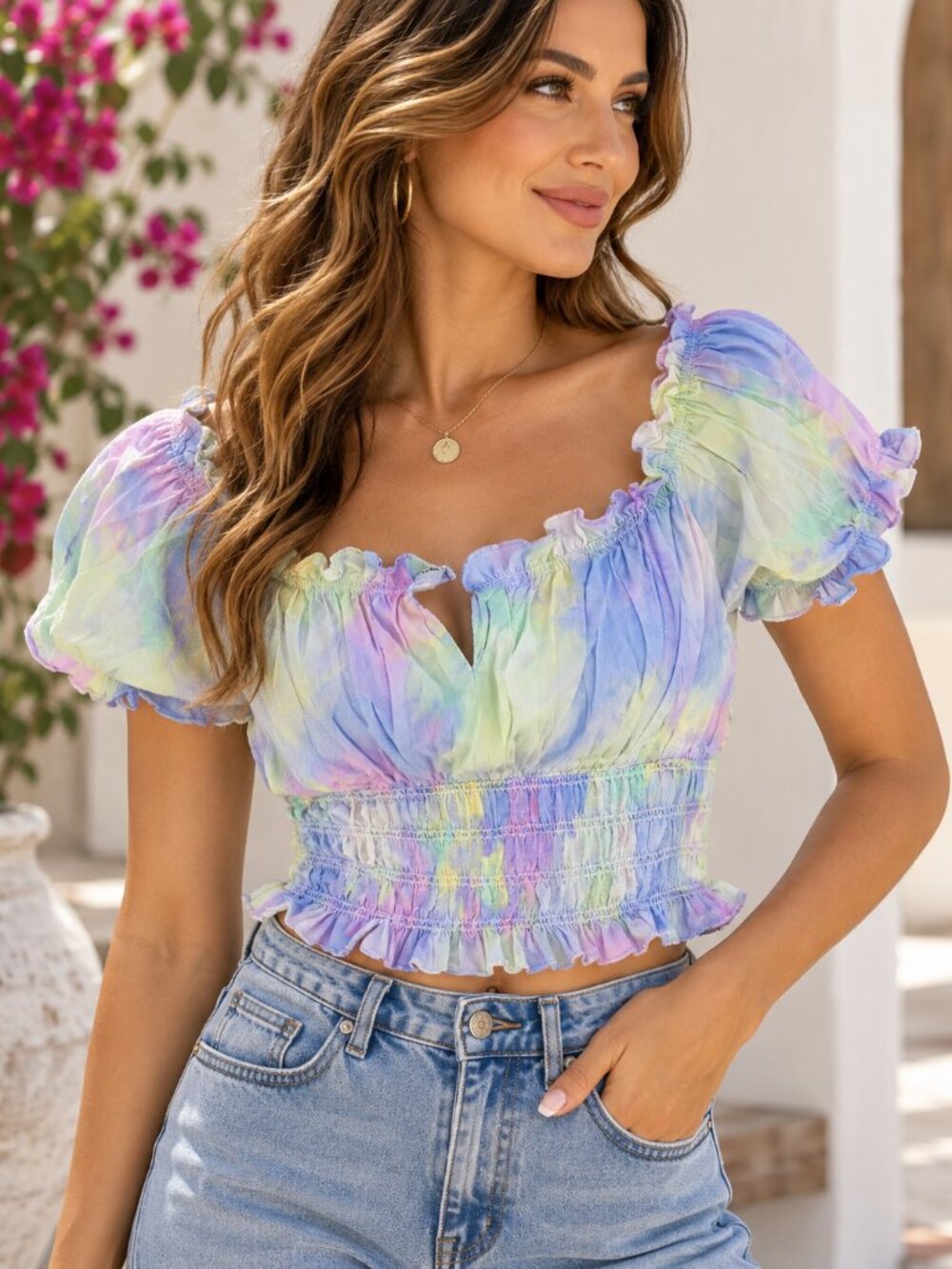 Abound Size Small – NWT Women Pastel Tie-Dye Smocked Puff Sleeve Crop Top –